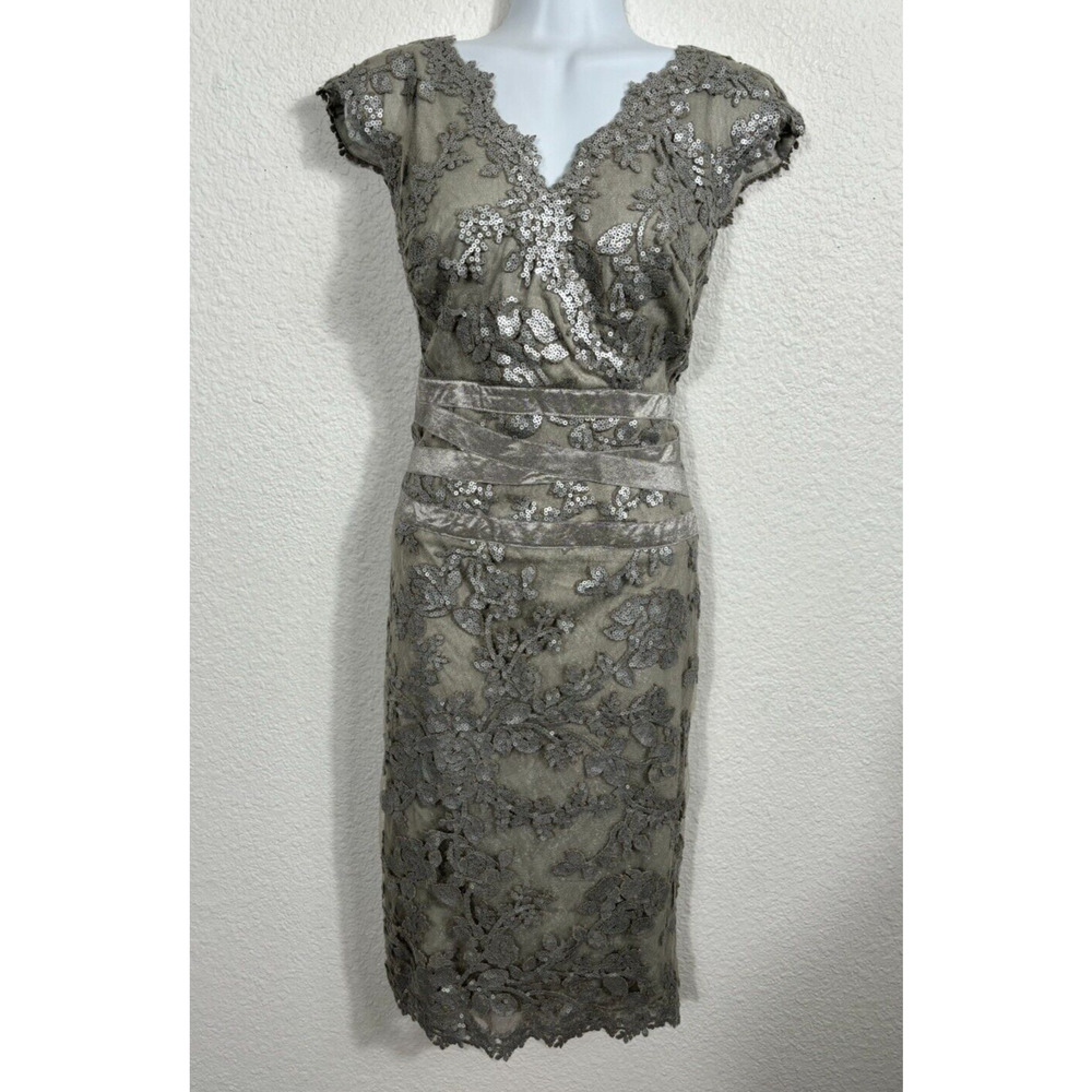 Tadashi Shoji Smoke Pearl Paillette Dress Womens 12 Silver Sequin Cocktail Party